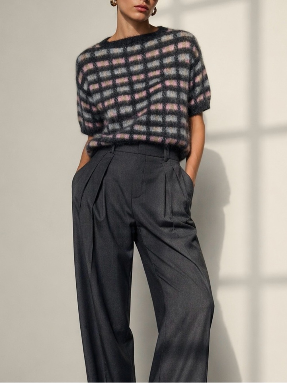 PRADA‎ Maglieria Mohair Wool Windowpane Short Sleeve Sweater